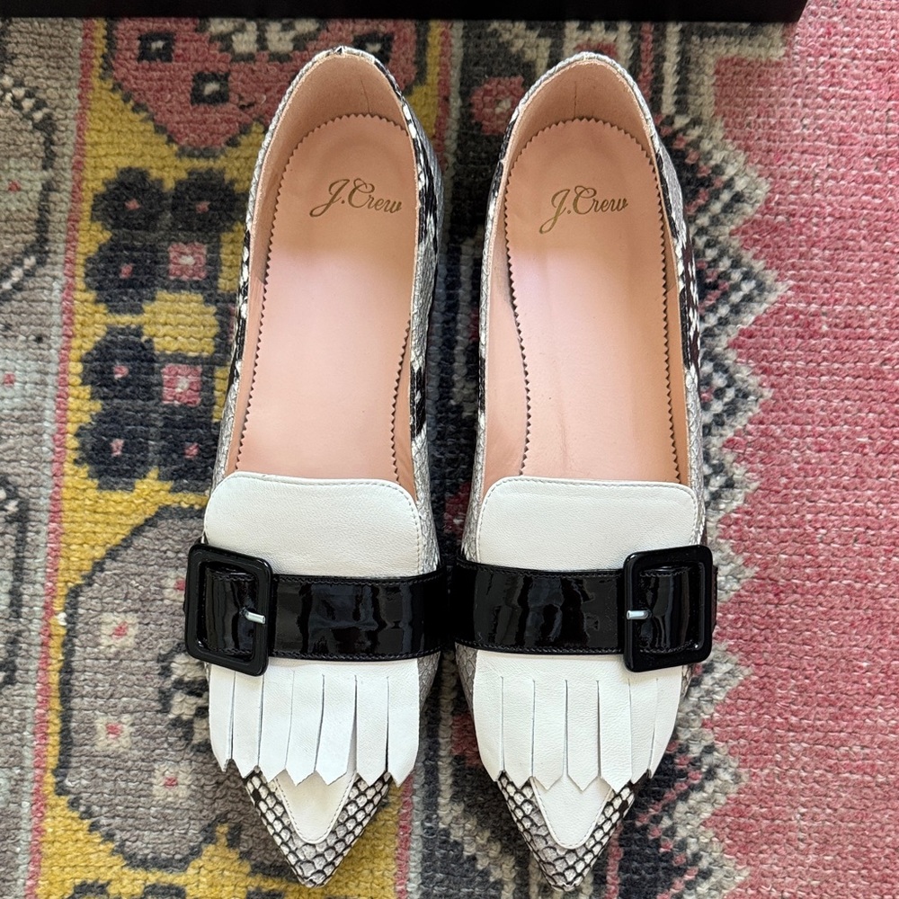J. Crew Kiltie Snakeskin and Cream Loafers with Black Detail - Picture 5 of 7